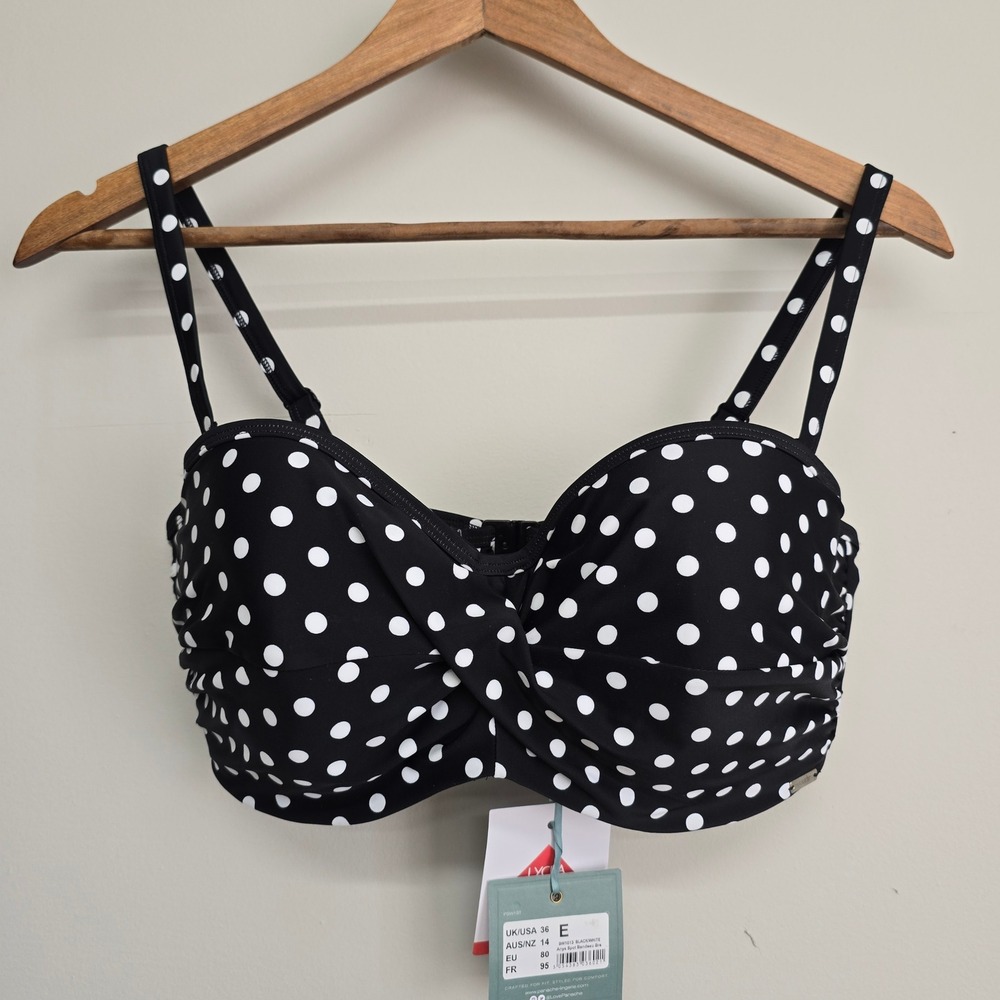 Panache Anya Spot Bandeau‎ Bikini Top Womens 36E Black Polka Dot Retro Swimwear